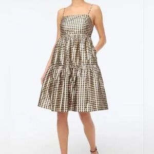 J . CREW BLACK GOLD LUREX METALLIC GINGHAM TIERED MINI DRESS 